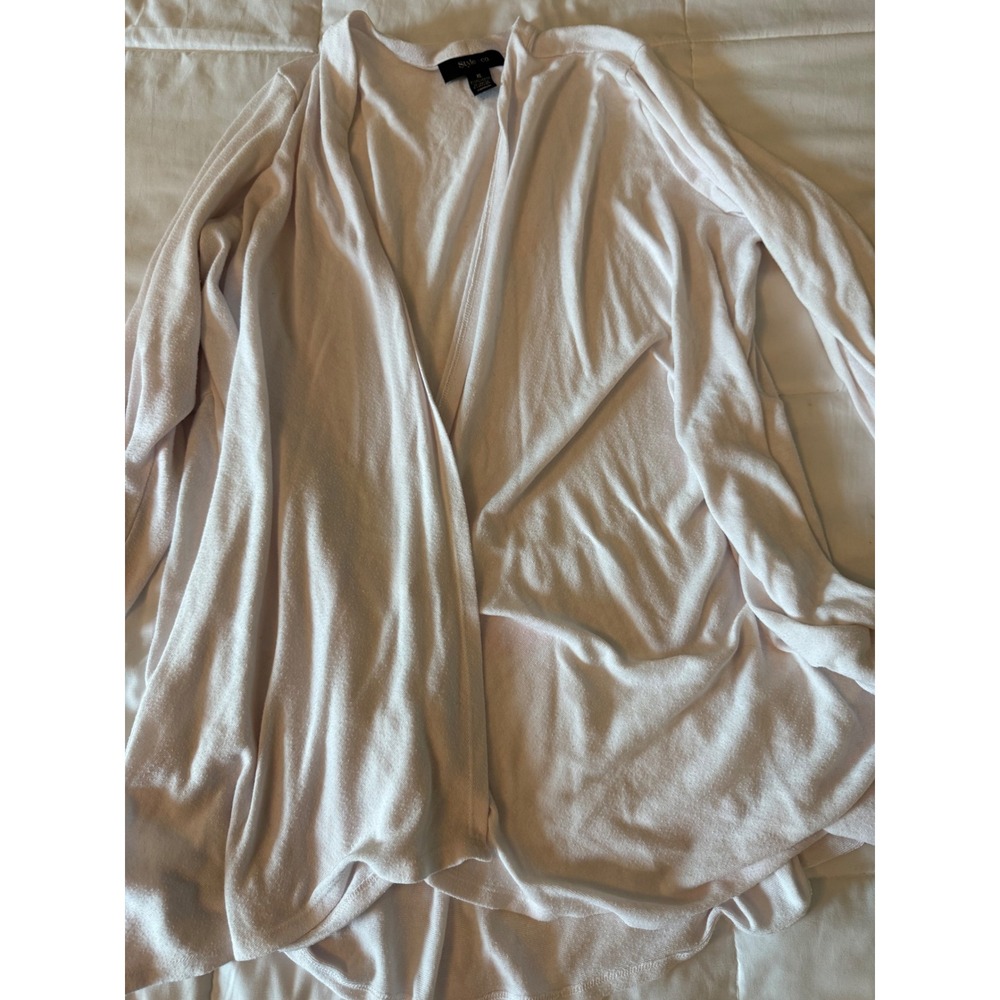 Style & Co Womens XL White Open Front Cardigan Pleated Peplum Back Knit Sweater